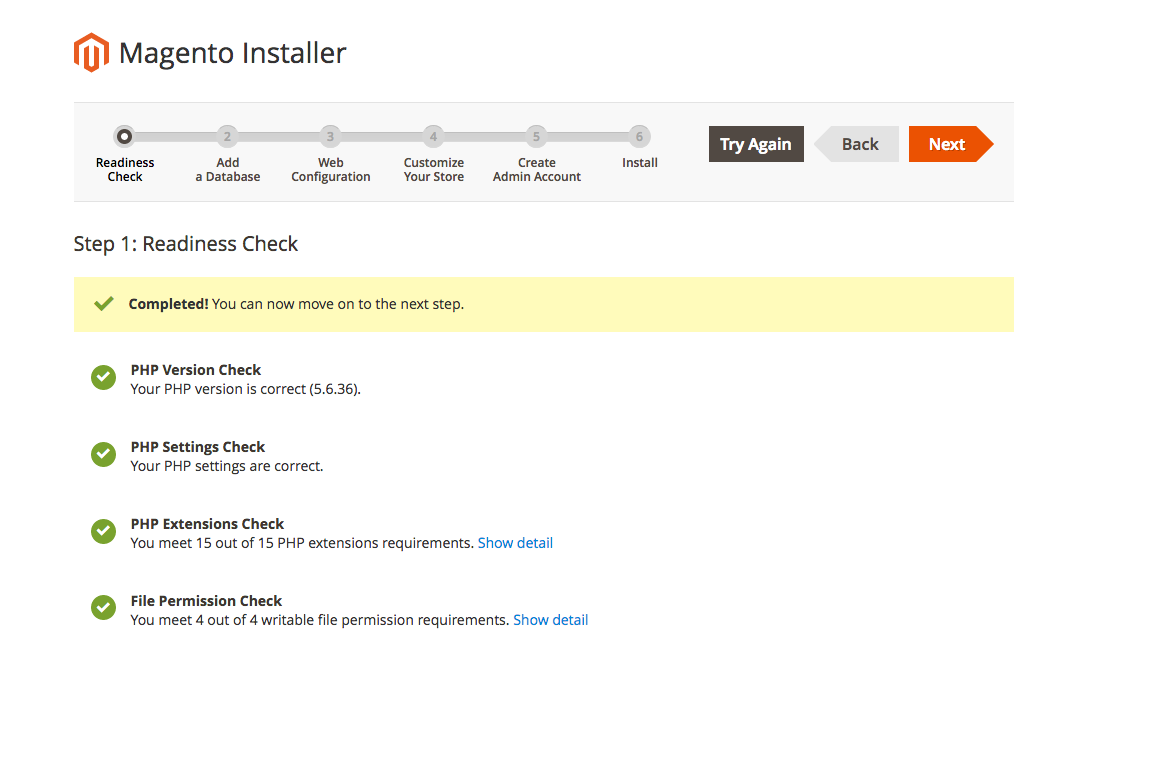 This image shows the Magento Installer readiness check