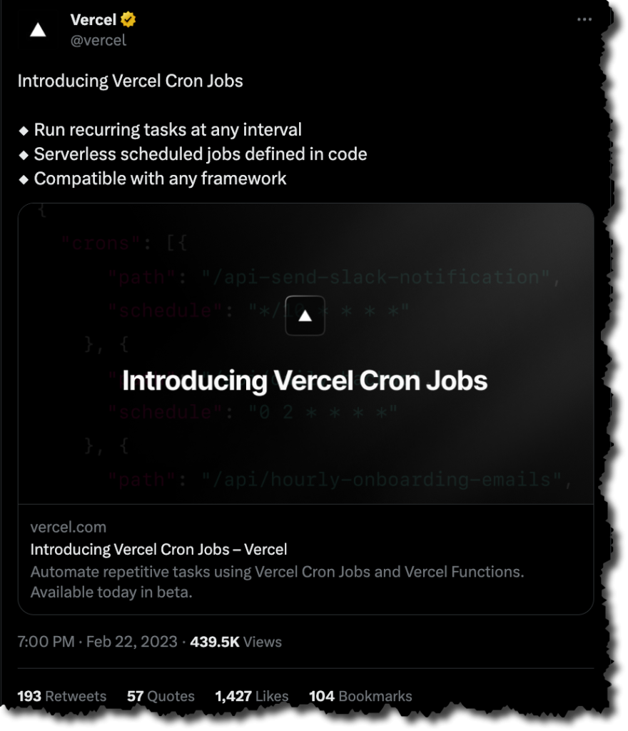 Tweet from Vercel announcing cron jobs