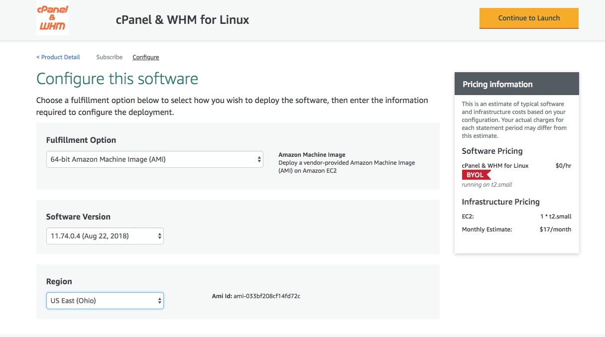 Screenshot of the install panel for cPanel & WHM for Linux on the Amazon Marketplace with Continue to Launch button