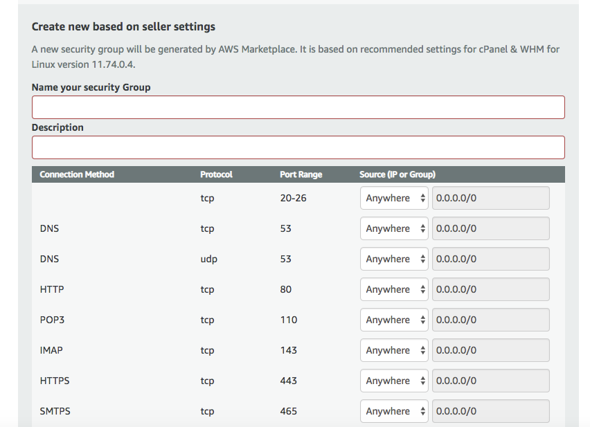Screenshot of security group settings when installing cPanel on AWS