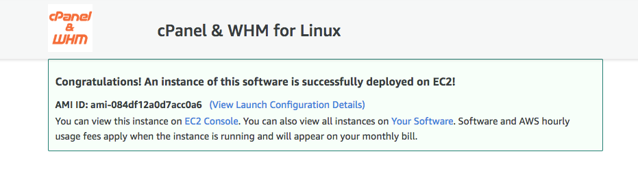 Screenshot of Launch confirmation for installing cPanel on AWS