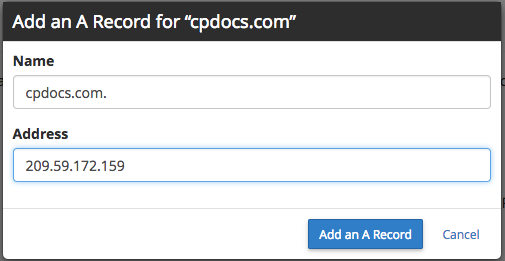 Add an A record for "cpdocs.com" 