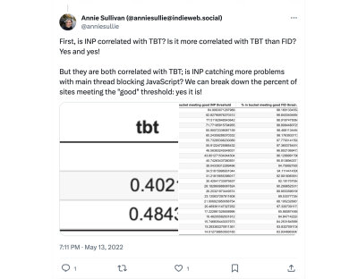Tweet by Annie Sullivan: First, is INP correlated with TBT? Is it more correlated with TBT than FID? Yes and yes!/ppBut they are both correlated with TBT; is INP catching more problems with main thread blocking JavaScript? We can break down the percent of sites meeting the good threshold: yes it is!