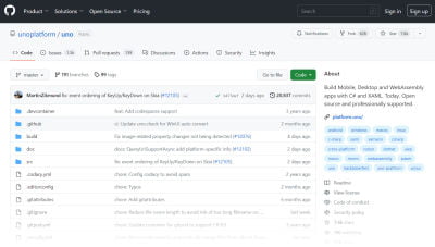 A screenshot of the Uno Platform repository on Github