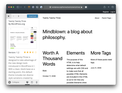 WordPress theme preview in a frame