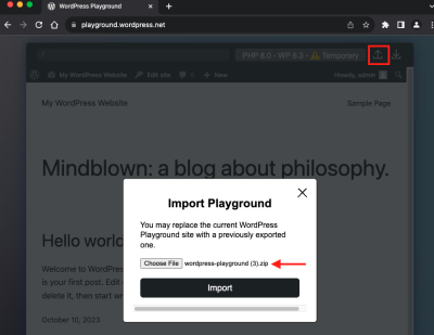 A screenshot with a highlighted upload icon and a poped-up window named import playground with a selected zip file