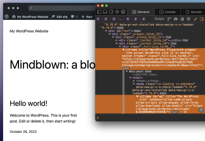 WordPress Playground developer page with highlighted iframe within an iframe