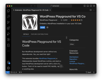 A screenshot of the WordPress Playground as a Visual Studio Code extension