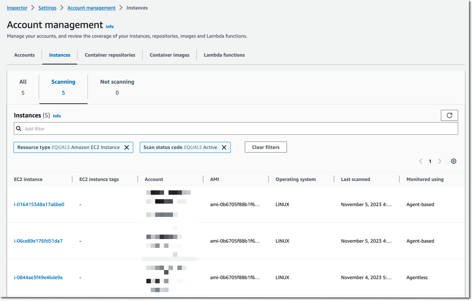 Inspector list of instances monitored
