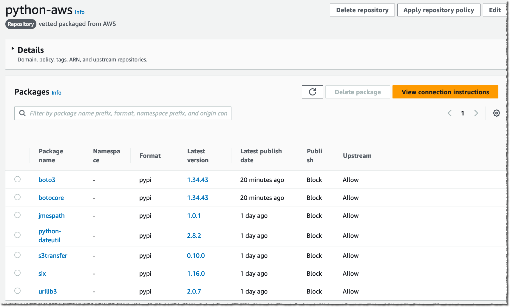 CodeArtifact - list of packages after a pip install