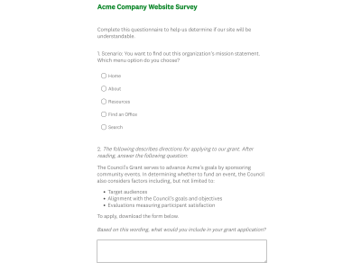 Sample survey for Acme Company that tests their key site wording. Full survey wording is included below.