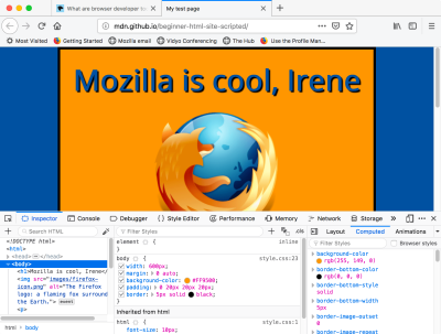 Screenshot of a browser with developer tools  occupying the bottom half. The main page shows ‘Mozilla is cool, Irene’ with the Firefox logo, and the logo is selected and highlighted in the dev tool panels.