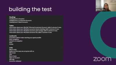 From the Ally Financial ID24 conference presentation on YouTube, presenter Annabel Weiner is discussing a slide titled, ‘Building the test’ which details  all possible screen reader feedback under headings such as Headings, Tables, and Landmarks.