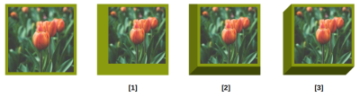 The image element in four stages, starting with its initial state and a full 3D box in green for the final state.
