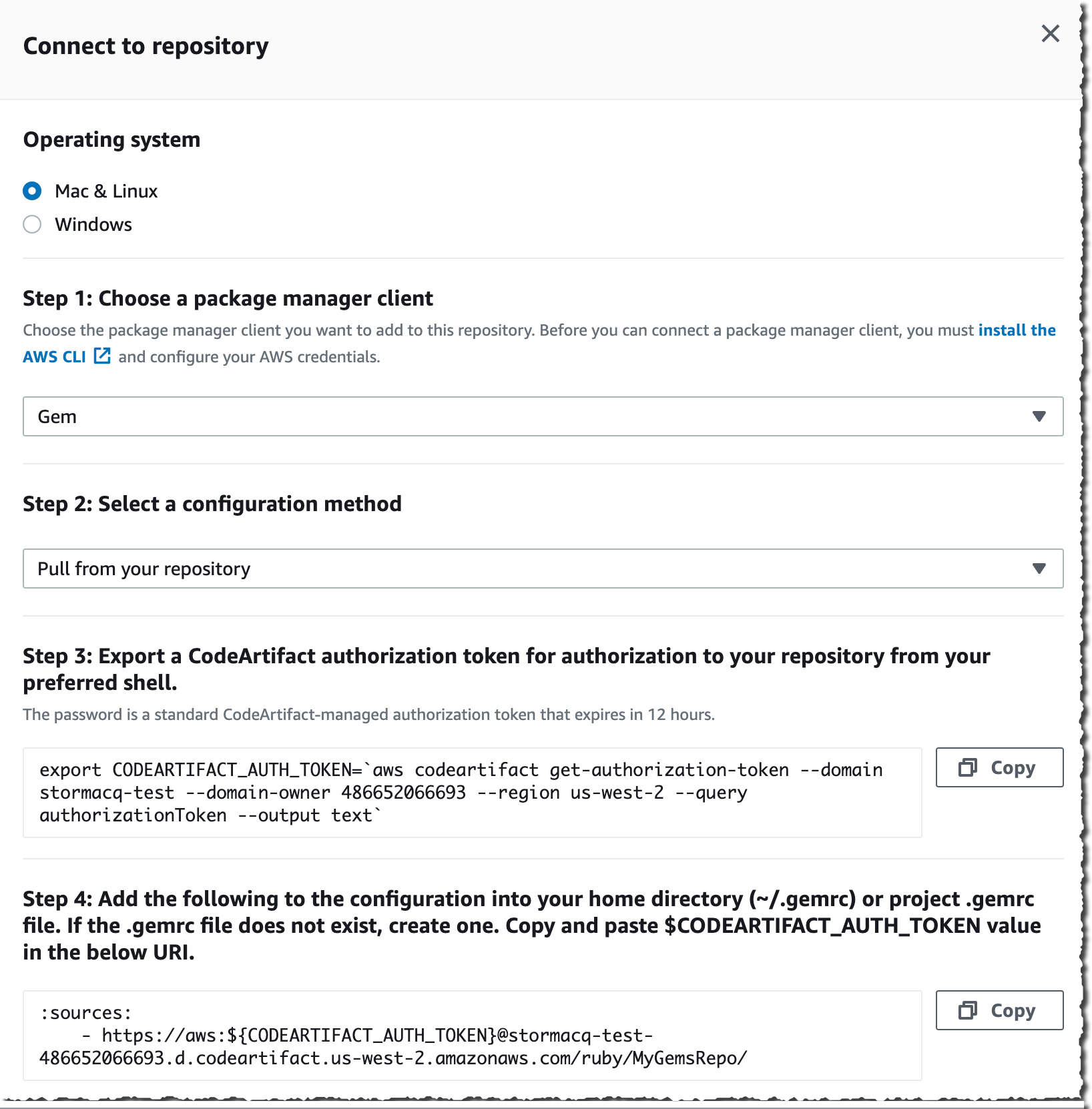 CodeArtifact - console instructions to connect to the repo