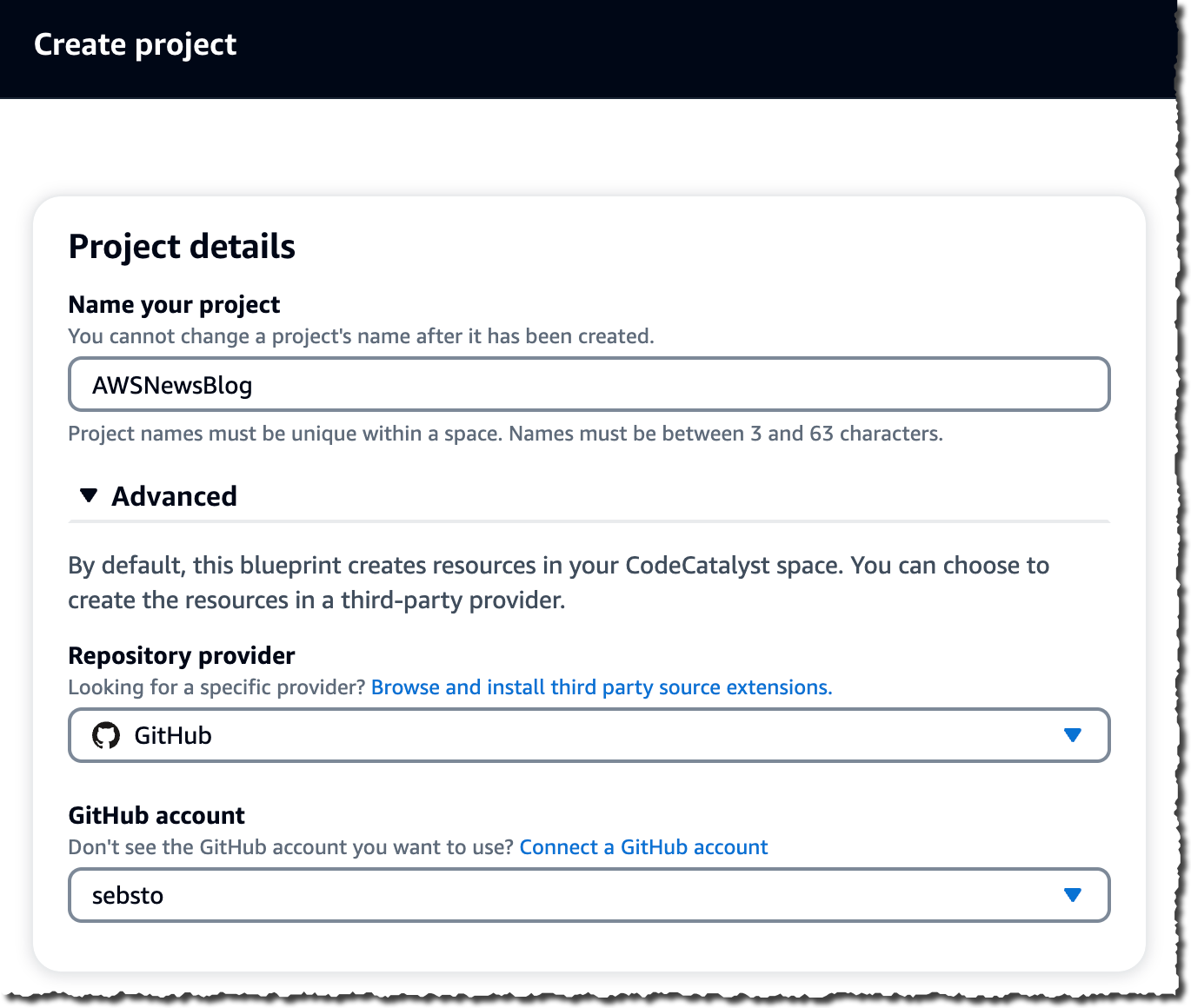 Amazon CodeCatalyst - select a github account