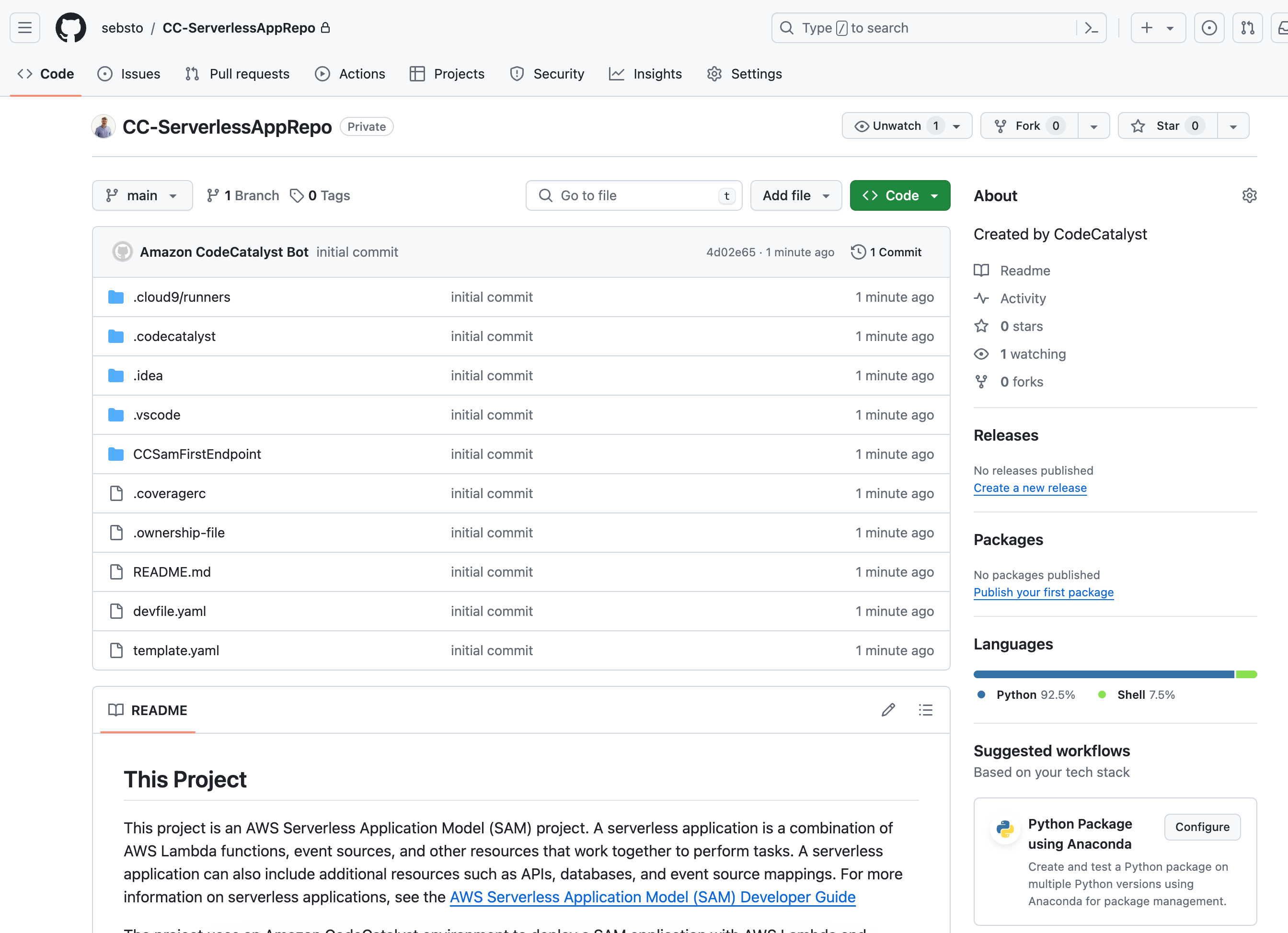 Amazon CodeCatalyst - creation f new GitHub repository