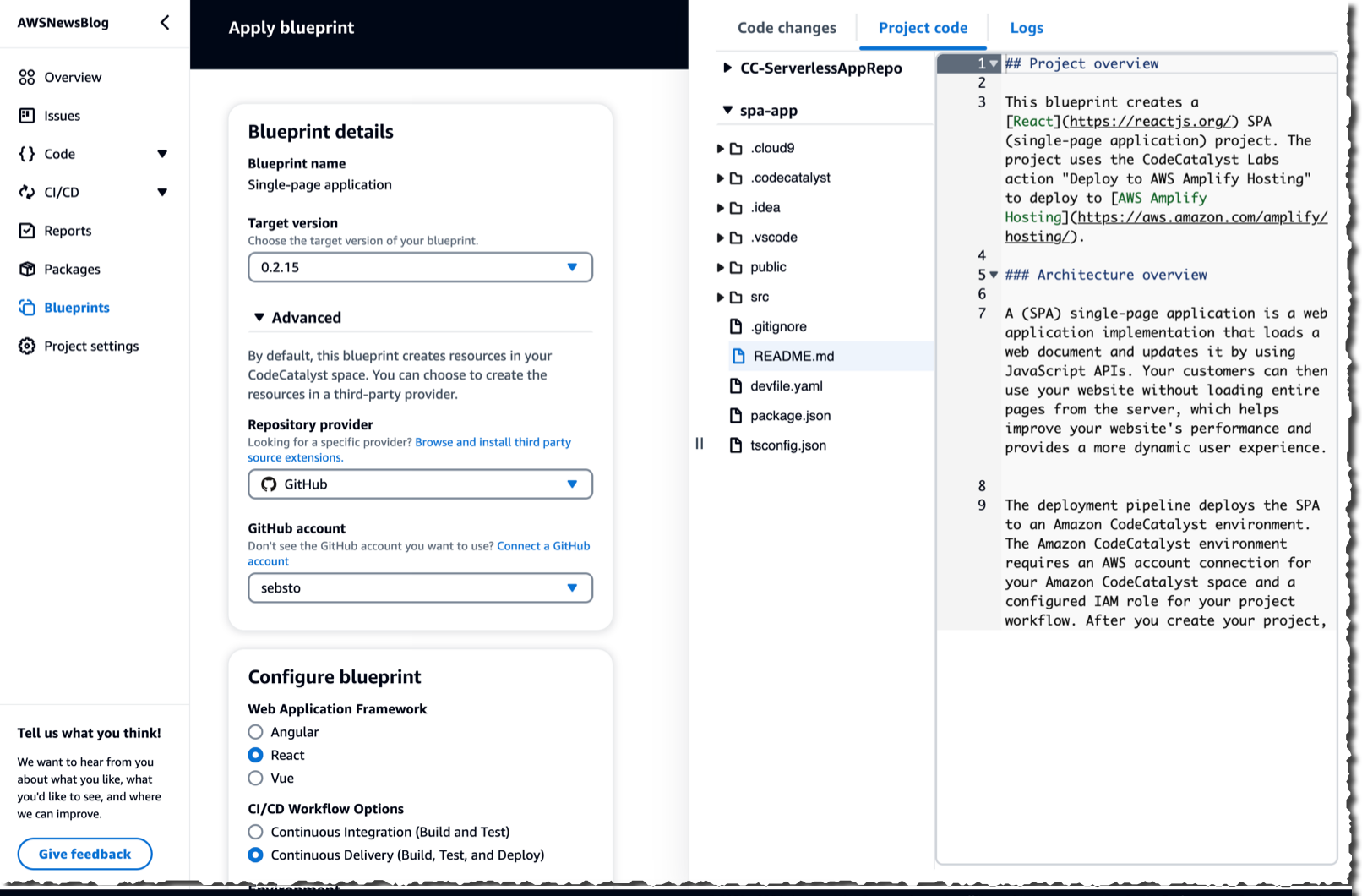 CodeCatalyst - add a blueprint to a project in GitHub