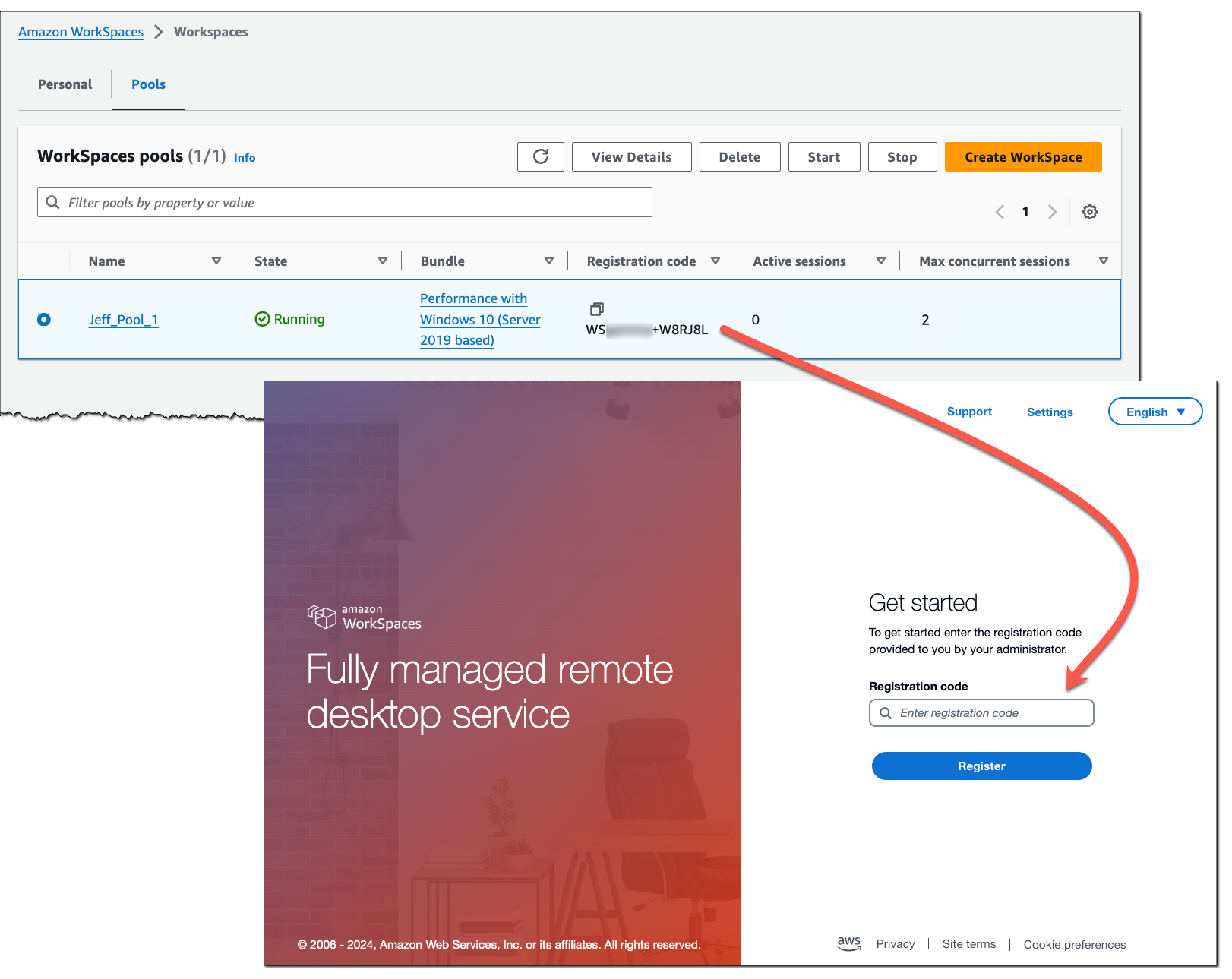 WorkSpaces Pools Login with Registration Code
