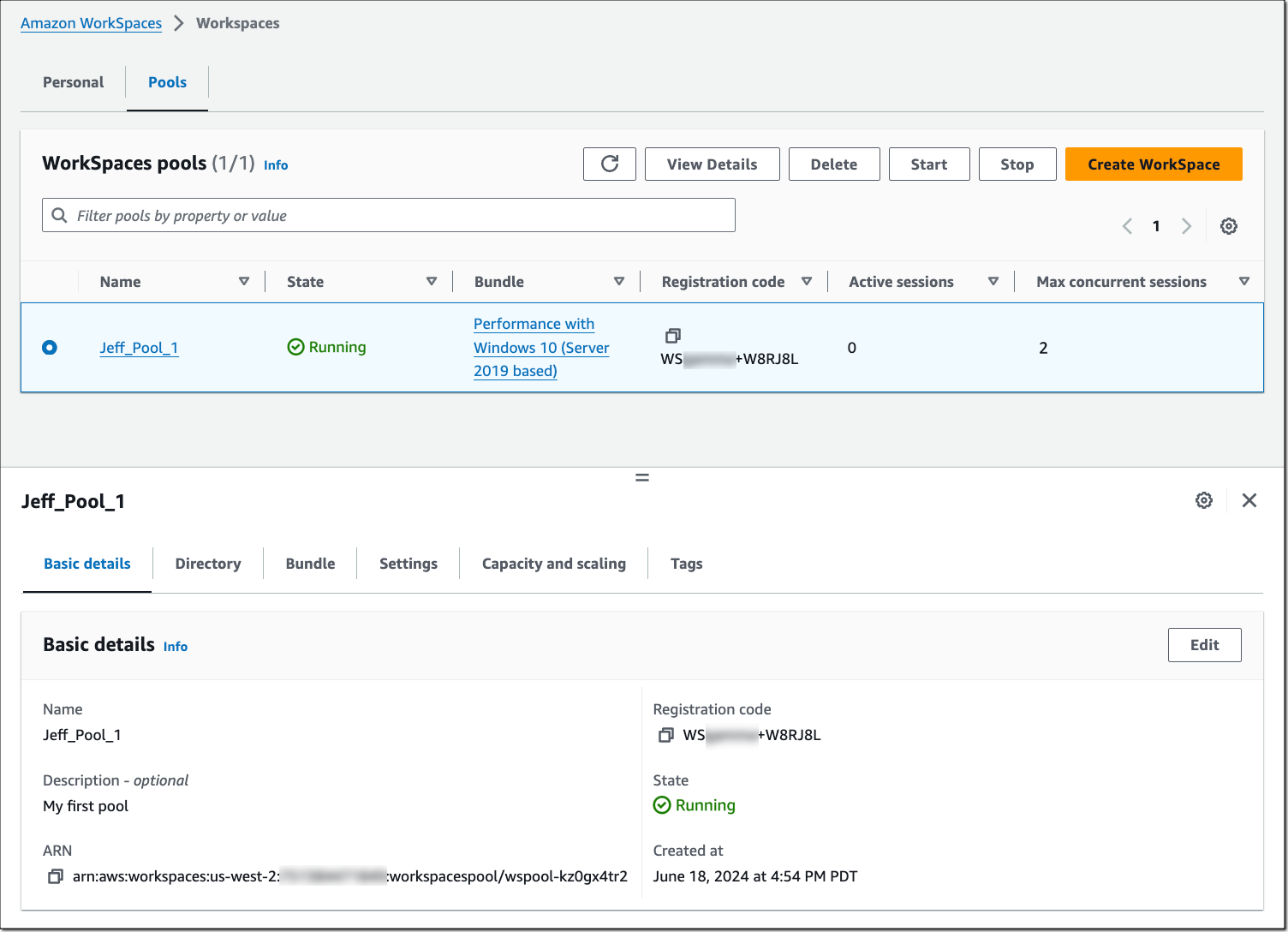WorkSpaces Pool Status On Console