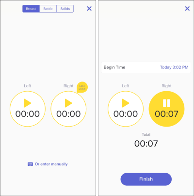 Two screenshots placed side×side. It shows two timers, one for the left breast and one for the right, demonstrating how the timers can be activated independently of each other. The UI is minimal, and all interactive items, including the timers, are large and easy to distinguish from each other.