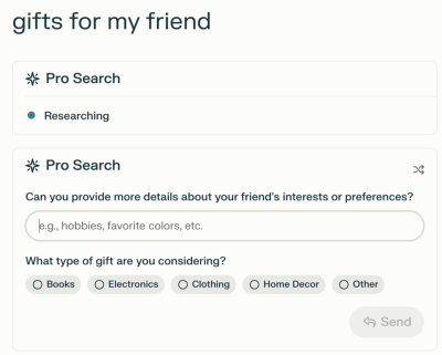 An example of how a conversational search engine employs probing questions to a user query, which says “gifts for my friend.”