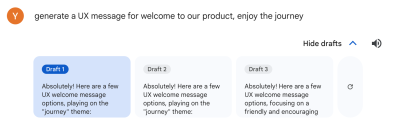 An example of a conversational search interface providing multiple response options for a UX welcome message.