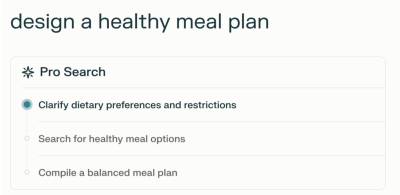 An example of a conversational search interface displays the steps involved in generating a healthy meal plan.