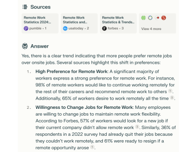 An example of a conversational agent provides source references for the question, “Is it a trend that more people want remote jobs, not onsite jobs?”.