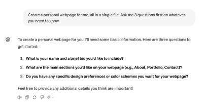 List of questions ChatGPT-4o asked on the initial prompt “Create a personal webpage”