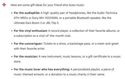 An example of gift suggestions tailored to different types of music enthusiasts.