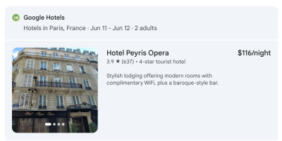 An example of a conversational search interface using a summary format for the prompt “I’m looking for a place to stay in Paris.”
