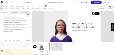 App interface with a user prompt on the left and a virtual avatar of a woman in glasses standing in front of a slide presentation saying Welcome to my wonderful AI video.