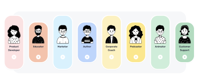 A row of eight illustrated people with labels for each person based on what they do, such as educator, marketer, author, and podcaster.