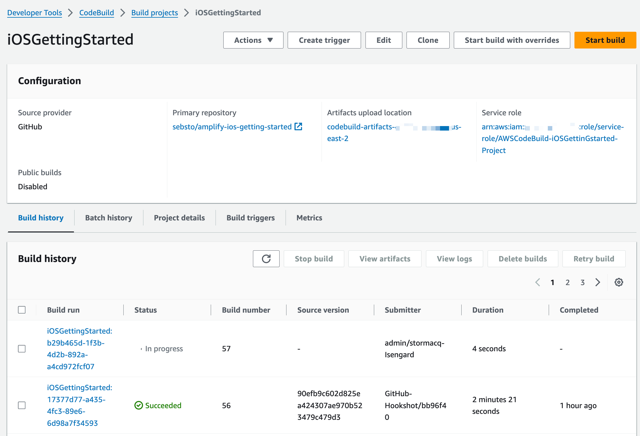 codebuild - build history