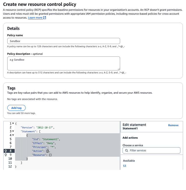 create a new resource control policy page