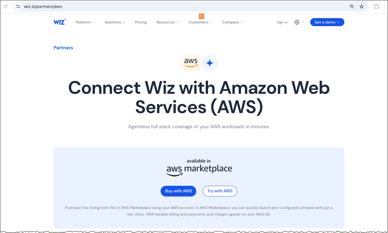 Wiz webpage featuring Buy With AWS