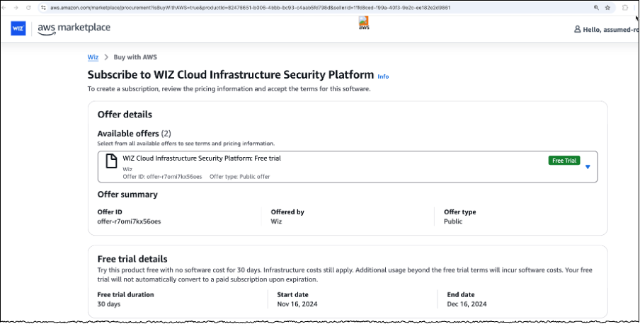 Wiz and AWS co-branded page to sign up for free trial using Buy with AWS through AWS Marketplace