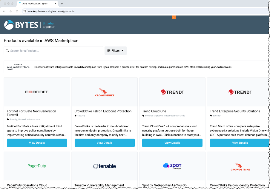 Bytes storefront with product listings from AWS Marketplace