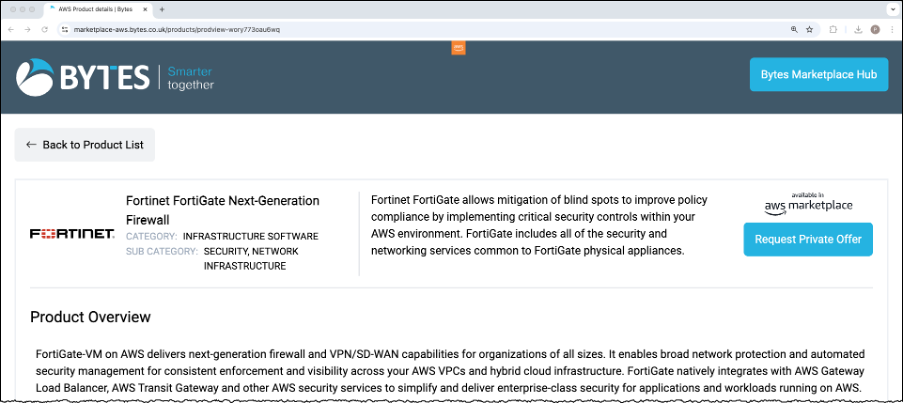 Bytes storefront with option to Request Private Offer for Fortinet from AWS Marketplace
