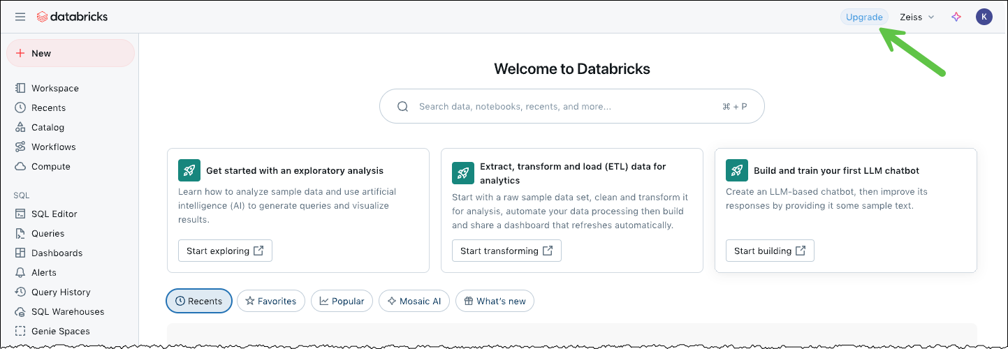 Database homepage after login with option to Upgrade