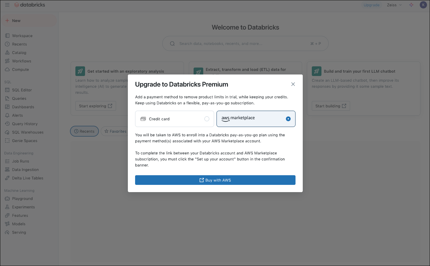 Option to upgrade to Databricks premium using Buy with AWS feature of AWS marketplace