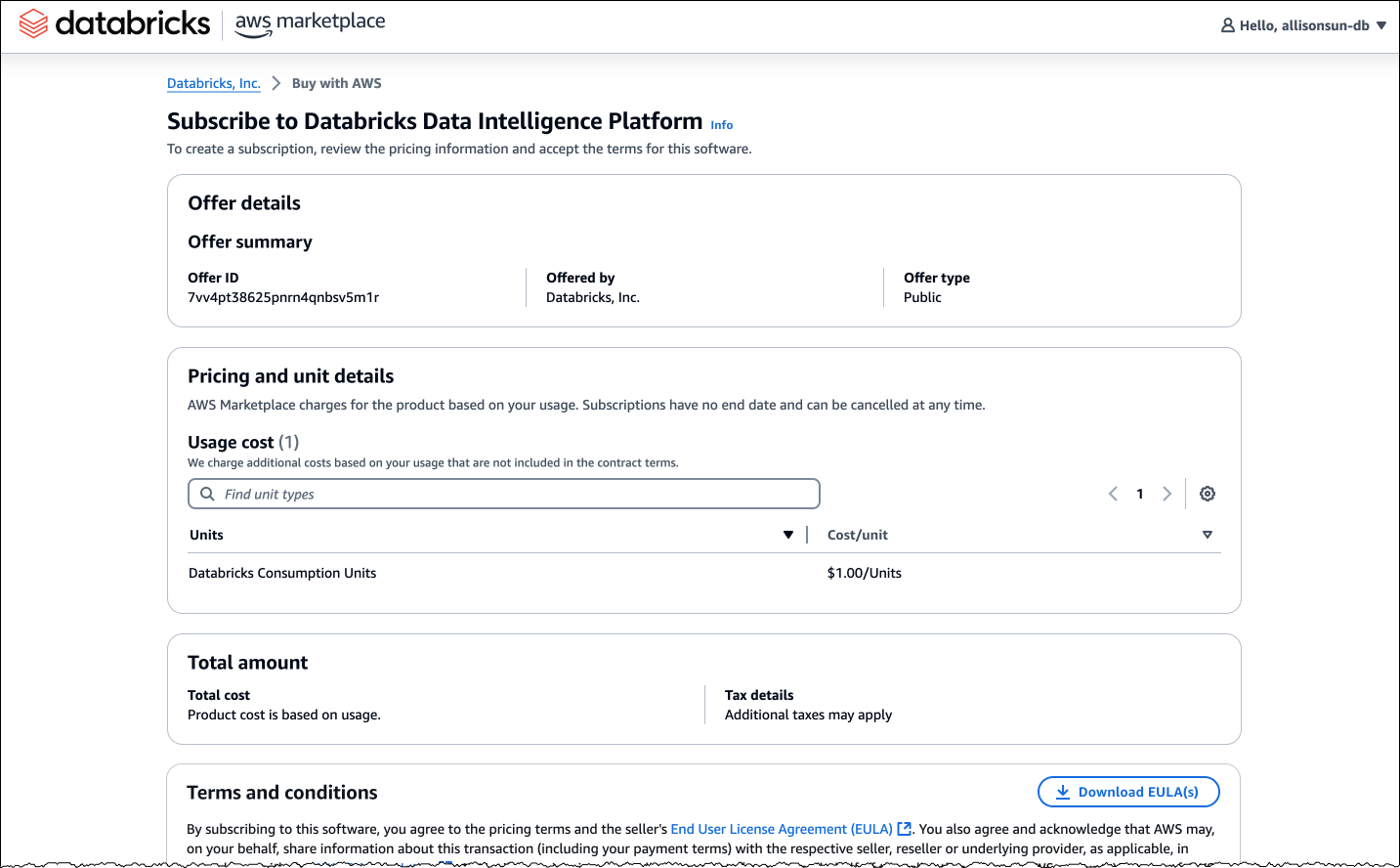 Databricks and AWS co-branded page to subscribe using Buy with AWS