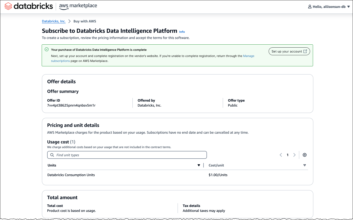Databricks and AWS co-branded page after subscribing using Buy with AWS