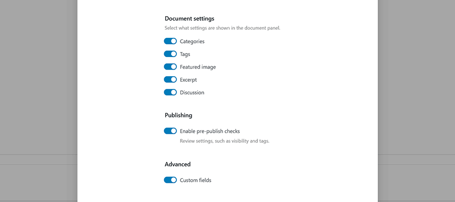 Turning on Custom Fields in the WordPress Block Editor.