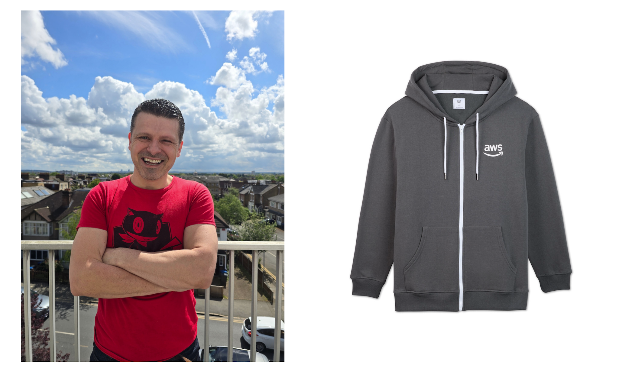 Matheus and AWS-branded hoodie