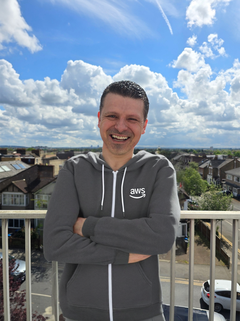 Matheus wearing AWS-branded hoodie