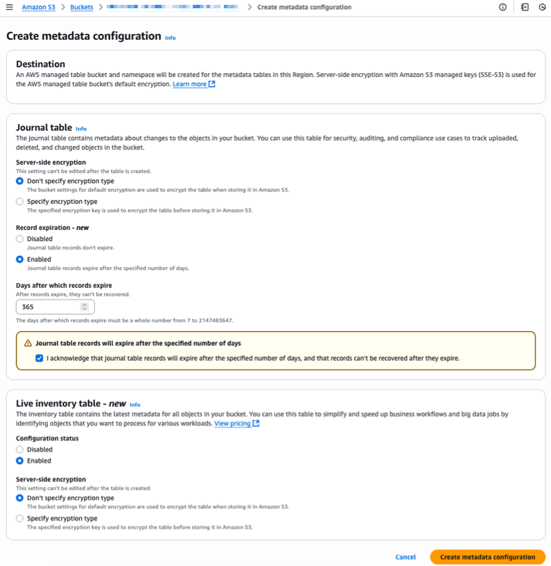 S3 Metadata, configure journal and inventory table