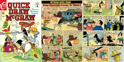 A three-page spread of a Quick Draw McGraw comic book including the animated cover and first two pages.