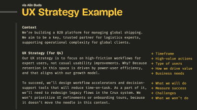 UX Strategy example, highlighting individual key points to cover.
